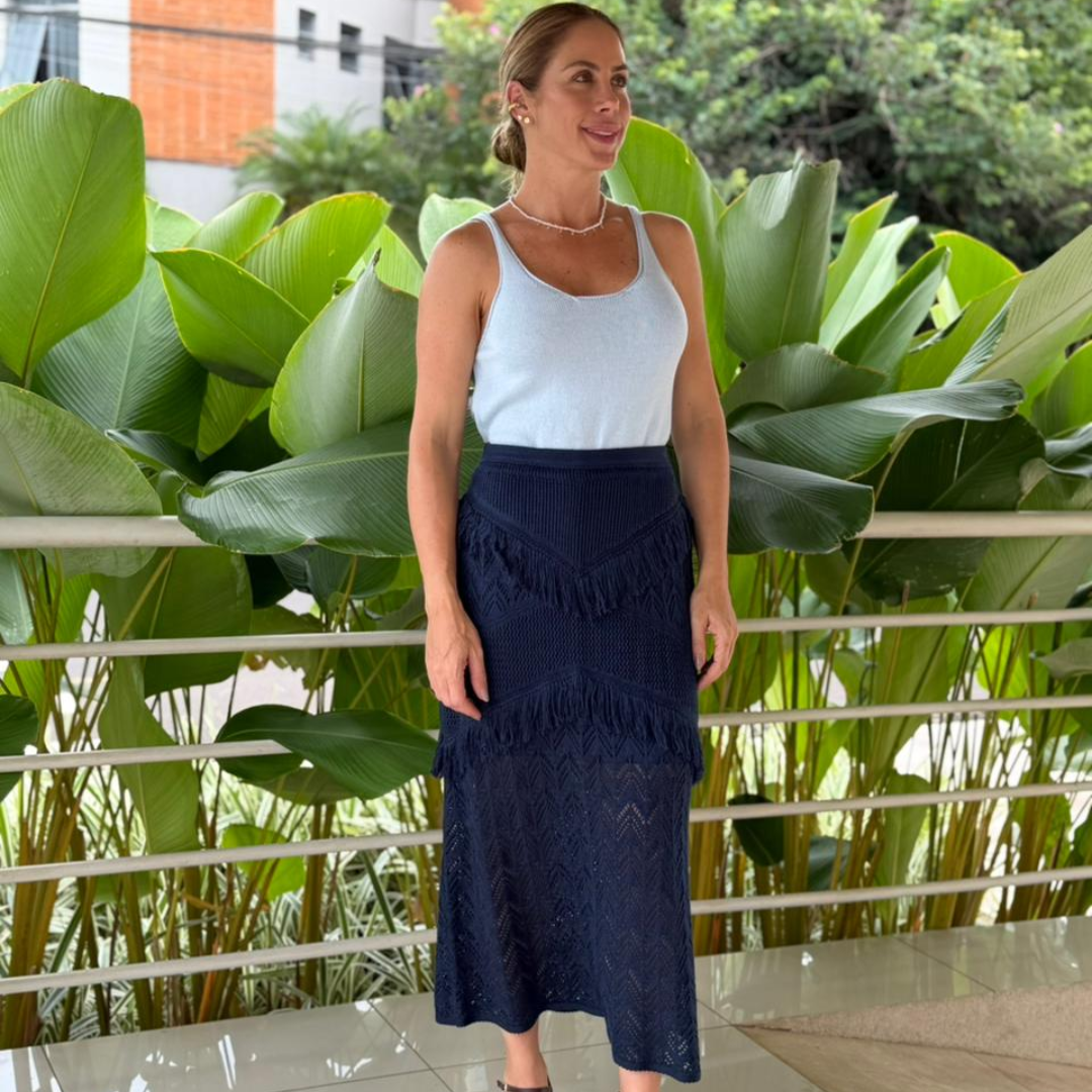 SAIA TRICOT AZUL MARINHO COM FRANJAS